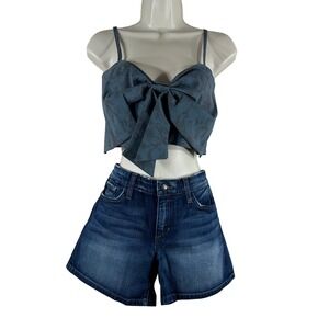 Kimchi Blue Women's Top Blue Floral Bow Adjustable Strap Crop Smocked Y2K Size L